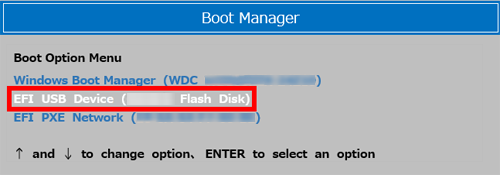 「Boot Option Menu」欄からキーボードの矢印キー「↓」で作成した回復ドライブを選択し、「Enter」キーを押します