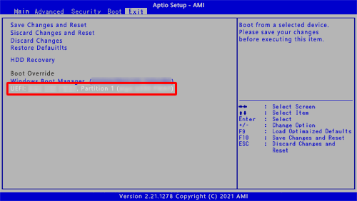「Boot Override」欄から作成した回復ドライブを選択し、「Enter」キーを押します