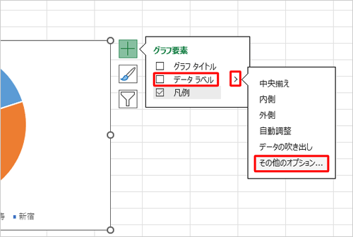 表示された一覧から「データラベル」にマウスポインターを合わせ、表示された「>」をクリックし、「その他のオプション」をクリックします