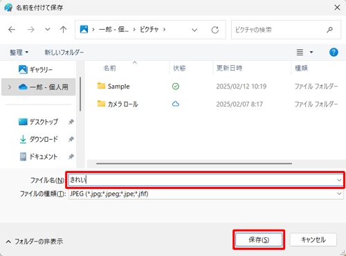 「ファイル名」ボックスに新しい名前を入力し、「保存」をクリックします