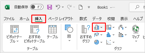 リボンから「挿入」タブをクリックし、「グラフ」グループの「アイコン」（縦棒/横棒グラフの挿入）をクリックします