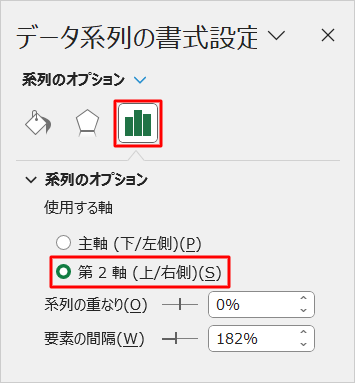 「アイコン」（系列のオプション）をクリックし、「使用する軸」欄の「第2軸（上/右側）」をクリックします