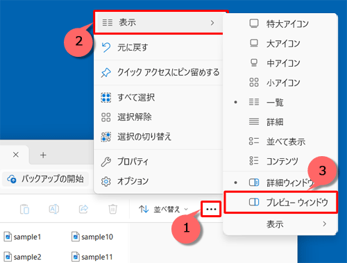 画面上部のメニューから「アイコン」（もっと見る）をクリックし、表示された一覧の「表示」にマウスポインターを合わせて、「プレビューウィンドウ」をクリックします