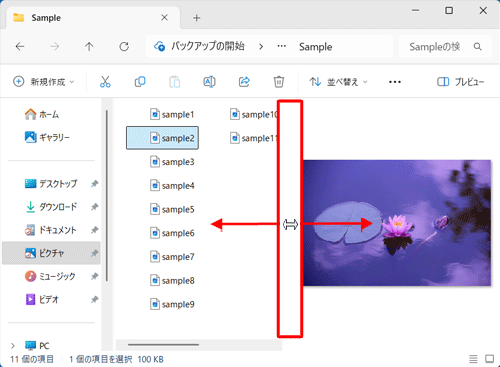 プレビューウィンドウのサイズを変更する場合は、プレビューウィンドウの境界にマウスポインターを合わせて、表示される両矢印を左右に動かします