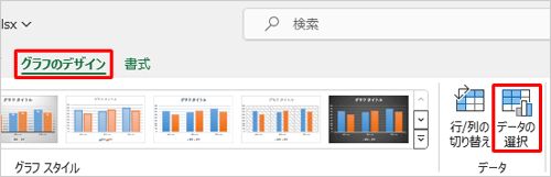 リボンから「グラフのデザイン」タブをクリックし、「データ」グループの「データの選択」をクリックします