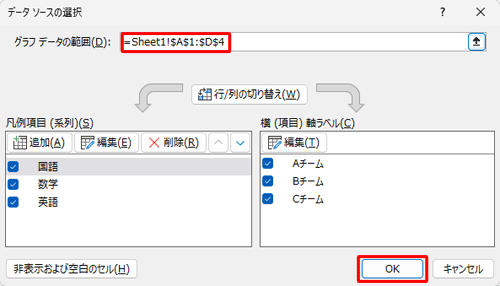 選択したグラフの範囲を確認し、「OK」をクリックします