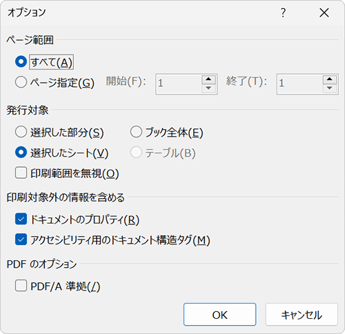「オプション」をクリックすると、PDF形式で保存するページの範囲や発行対象などの設定を行うことができます