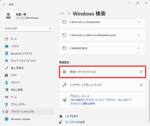 「詳細インデックスオプション」をクリックします