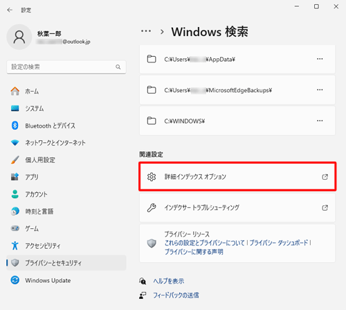 「関連設定」欄から「詳細インデックスオプション」をクリックします