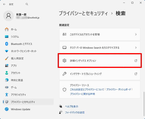 「関連設定」欄から「詳細インデックスオプション」をクリックします