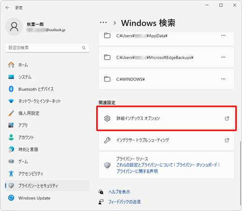 「関連設定」欄から「詳細インデックスオプション」をクリックします