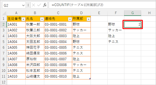 セルに数式が入力され、条件に合うデータの個数が表示されたことを確認してください