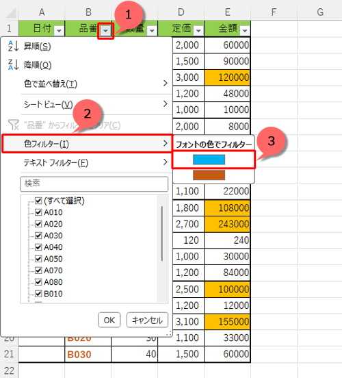 抽出したい列のタイトルセルに表示されている「アイコン」をクリックし、「色フィルター」（入力されたフォントの色とセルの色）が表示されたら、指定する条件をクリックします