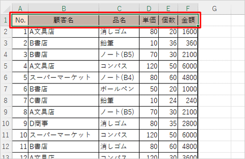 表の見出し行をドラッグして選択します