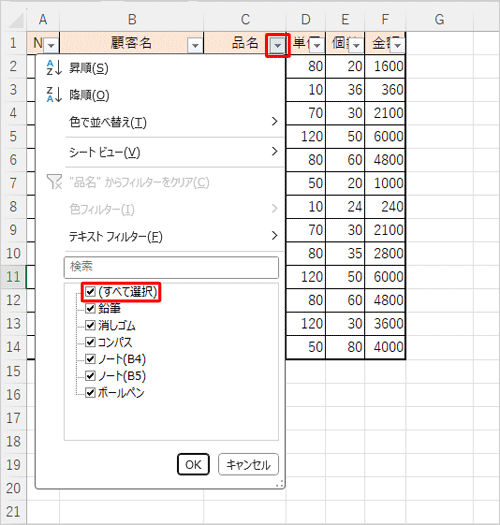 抽出したい値が入力されている列の、見出しのセルに表示されている「▼」をクリックし、表示された一覧から「すべて選択」のチェックを外します