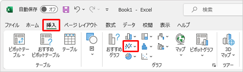 リボンから「挿入」タブをクリックし、「グラフ」グループの「折れ線/面グラフの挿入」をクリックします