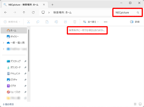 画面右上の「ホームの検索」ボックスに検索したいファイルの名前を入力し、検索結果に「検索条件に一致する項目はありません。」と表示されたことを確認します