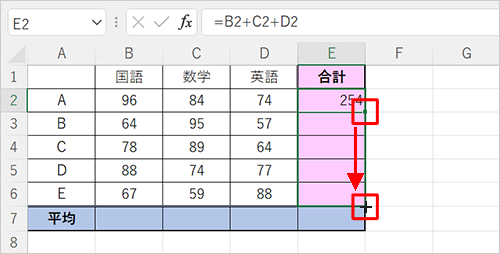 入力したセルをクリックし、マウスポインターを「■」に合わせて、マウスポインターが「+」に変わったら、マウスをクリックしたまま連続してコピーしたいセルまでドラッグします