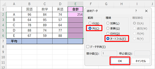 「範囲」欄から連続してコピーする方向「列」をクリックし、「種類」欄から「オートフィル」をクリックして、「OK」をクリックします
