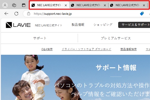 起動時に複数のWebページが表示されている状態（一例）