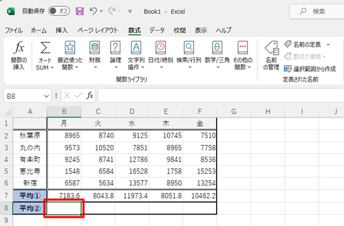 四捨五入した値を表示したいセルをクリックします