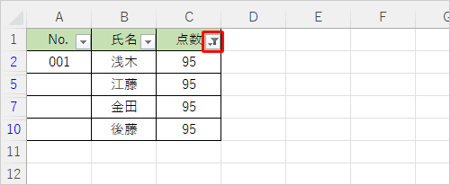 列見出しにフィルター機能のアイコンが表示され、右端のようなアイコンが表示されていないか確認します