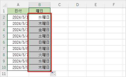 セル「B2」に設定した書式が、セル「B10」までコピーされます