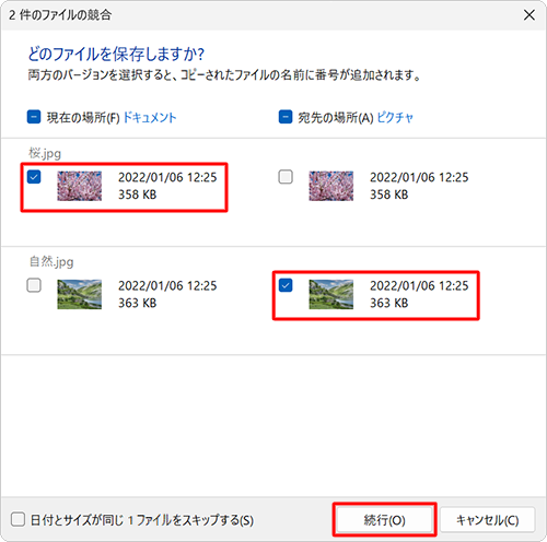 個別にチェックを入れて、「続行」をクリックします