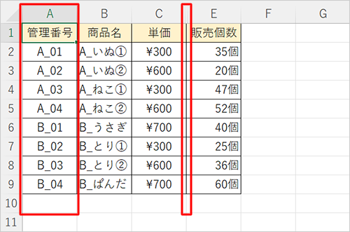 D列は非表示のまま、A列だけが再表示できたことを確認してください