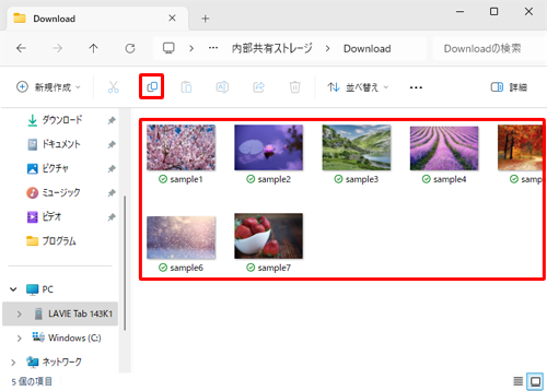すべてのファイルを選択し、「アイコン」（コピー）をクリックします