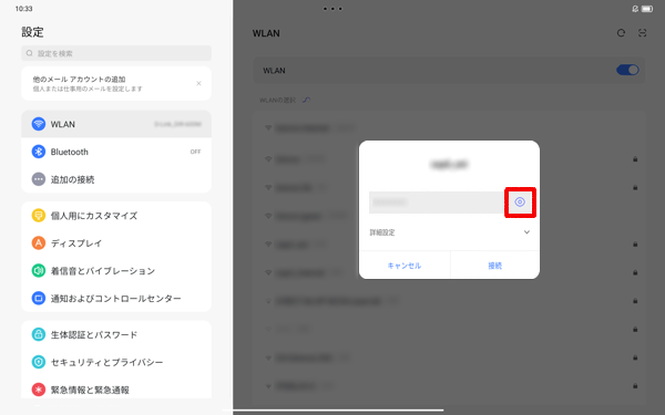 パスワードを表示するのアイコンをクリックすると、文字を表示させながらパスワードを入力できます