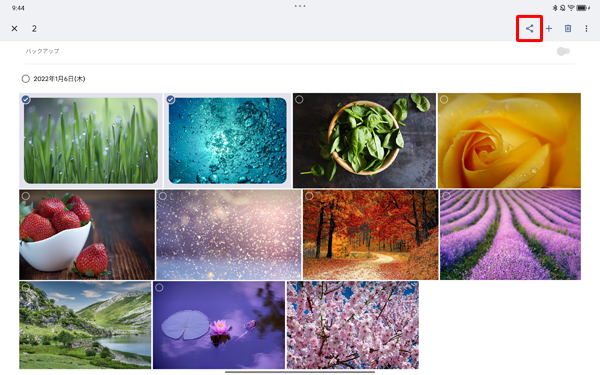 ファイルが選択されたことを確認し、画面右上に表示された「アイコン」（共有）をタップします