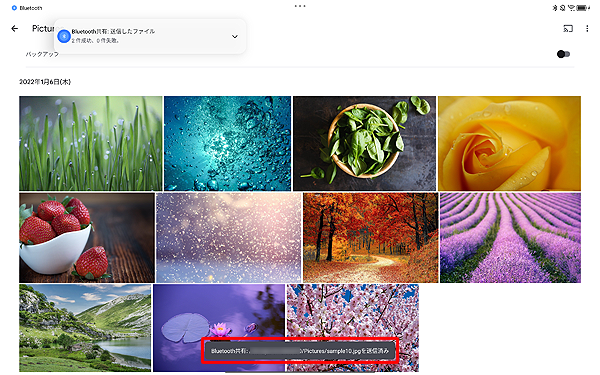 送信が開始され、「（受信側のデバイス名）にファイルを送信中」というメッセージが表示されたあと、「Bluetooth共有：（画像名）を送信済み」と表示されます