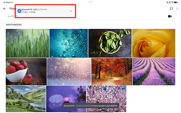 画面上部に「Bluetooth共有：送信したファイル」という通知が表示されたら、メッセージをタップします
