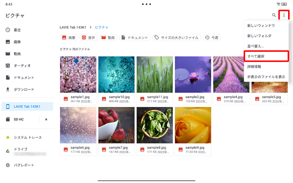 画面右上の「アイコン」をタップし、表示されたメニューから「すべて選択」をタップします