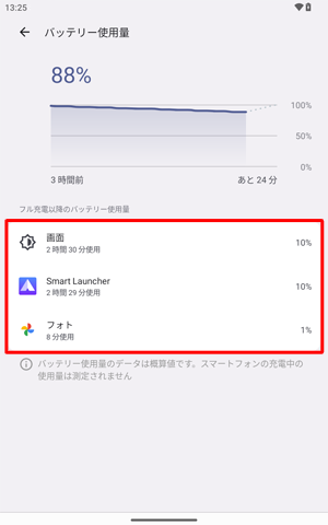 「フル充電以降のバッテリー使用量」欄に表示されているアプリの項目をタップすると、バッテリ使用状況の詳細を確認したり、バックグラウンドでの実行を設定したりできます