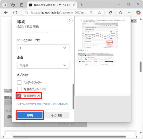 「オプション」欄の「選択範囲のみ」にチェックを入れて、「印刷」をクリックします