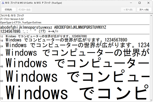 フォント名や主なサイズでの表示を確認します
