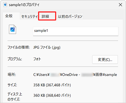 「詳細」タブをクリックします