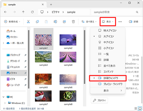詳細ウィンドウを表示するには、画面上部のメニューから「表示」をクリックし、「詳細ウィンドウ」をクリックします
