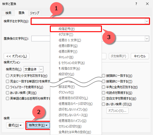 「検索する文字列」ボックスをクリックし、画面下部の「特殊文字」をクリックして、表示された一覧から「段落記号」をクリックします