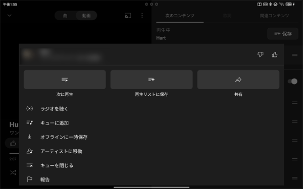 動画の右上に表示されているアイコンをタップすると操作メニューが表示され、再生中の曲を共有したり、ライブラリのプレイリストに追加したりすることができます