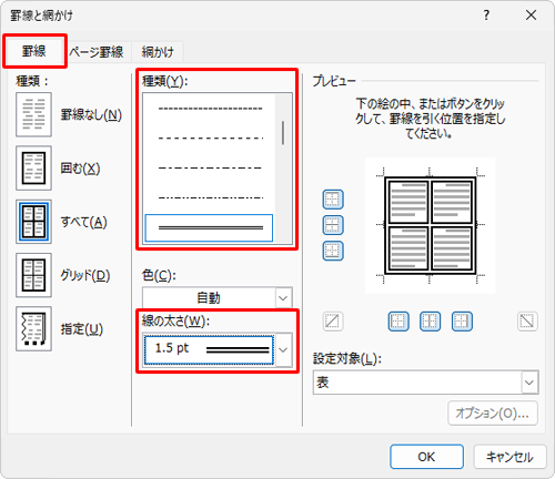 「罫線」タブをクリックし、「種類」「線の太さ」ボックスから、外枠の罫線に設定したい種類や線の太さをクリックします