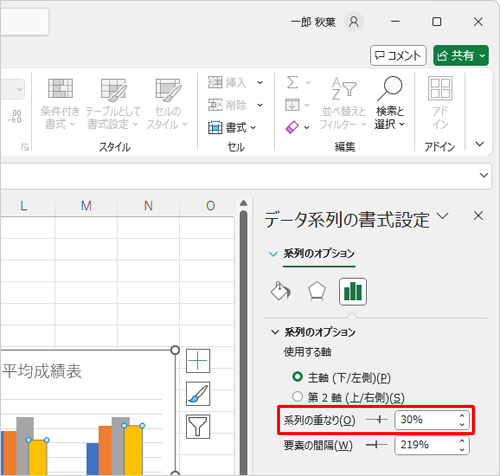 「系列の重なり」のつまみを左右に動かして重なりを調整します