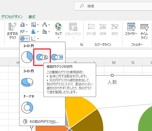 表示された一覧の「2-D円」欄から「補助円グラフ付き円グラフ」をクリックします
