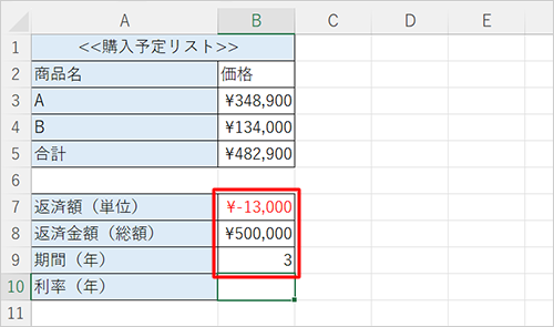 各項目に該当するセルを入力します