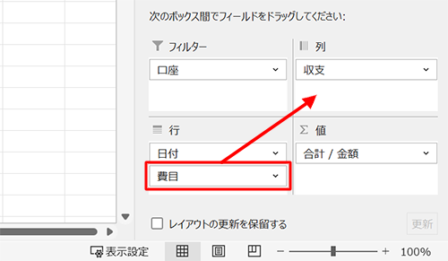 「行」「列」ボックスに設定したフィールドをドラッグ&ドロップで入れ替えることで、データの分析方法を変更できます
