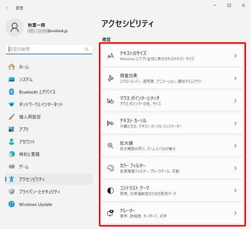 「アクセシビリティ」の「視覚」画面（一例）