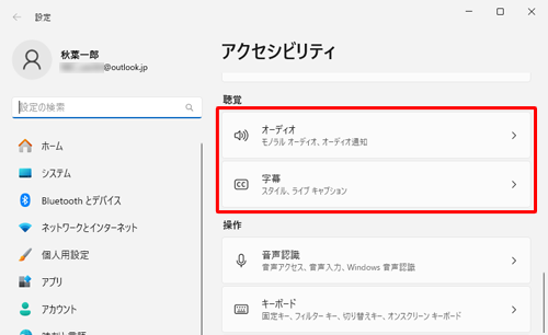 「アクセシビリティ」の「聴覚」画面（一例）