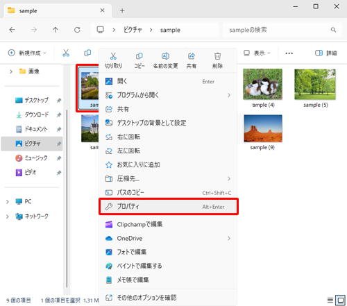 詳細情報を確認したい画像ファイルを右クリックし、表示された一覧から「プロパティ」をクリックします